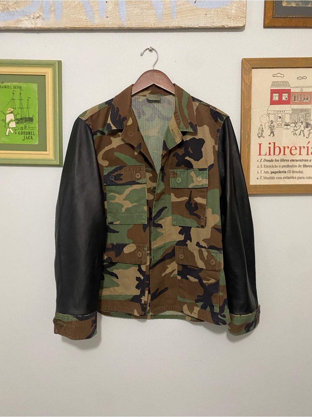 U.S. Army Camo Field Jacket Upcycled with Black Leather Sleeves
